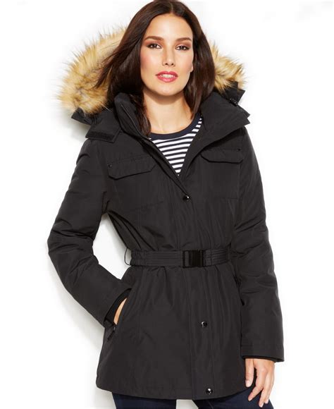 michael michael kors petite hooded faux-fur-trim belted down puffer coat|Michael Kors removable hood coats.